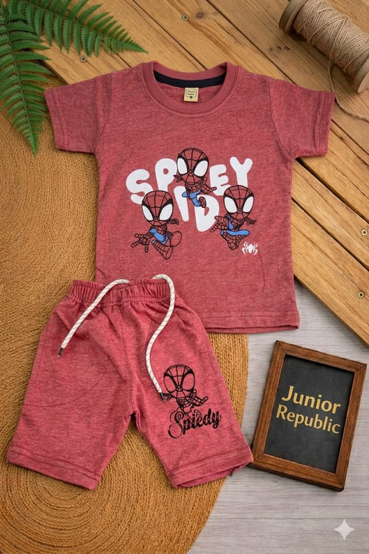 Junior   Republic Spidey Printed Cotton Jersey T-Shirt & Shorts Set for Kids