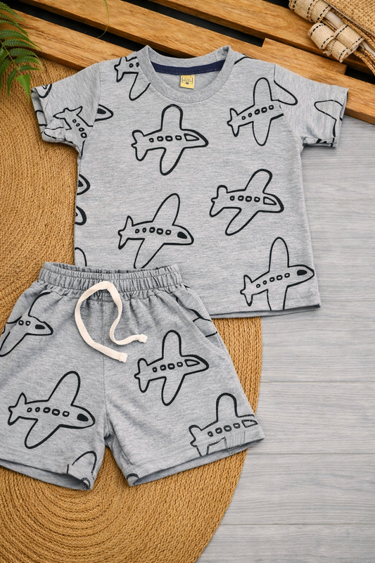 Junior Republic Airplane Printed Cotton Jersey T-Shirt & Shorts Set for Kids