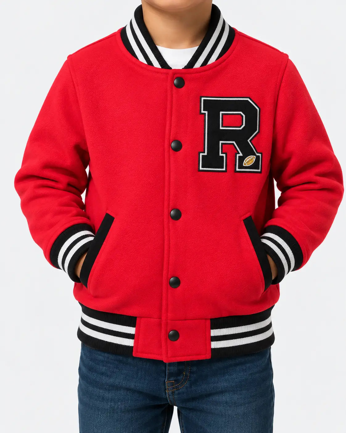 Kids Red Fleece Varsity Jacket – R Patch Button-Up Winter Jacket for Boys & Girls - FJ 001