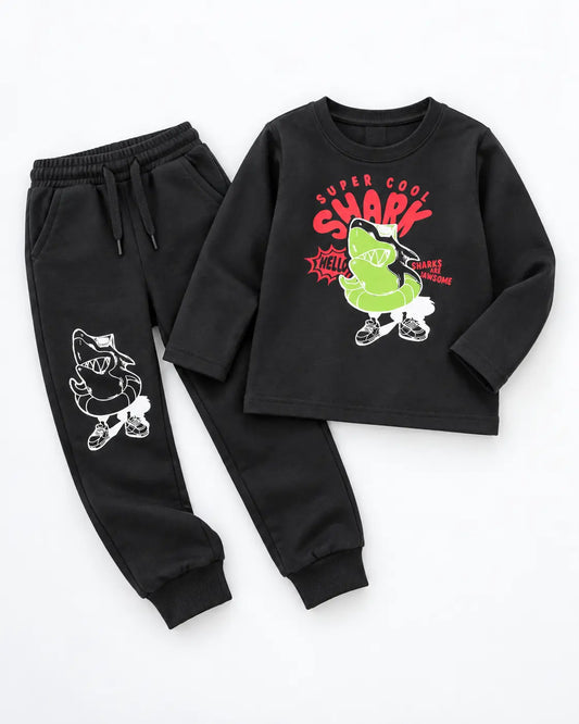 Super Cool Shark Printed Twin Set for Mid Season – Black Shirt & Trouser - TW-055