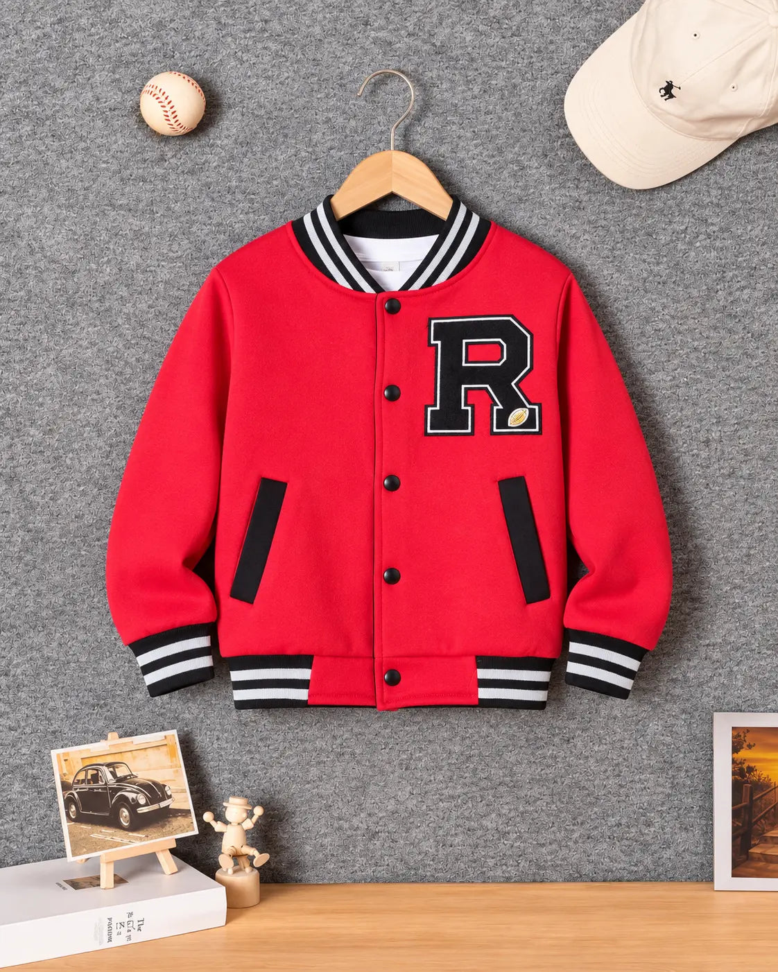 Kids Red Fleece Varsity Jacket – R Patch Button-Up Winter Jacket for Boys & Girls - FJ 001