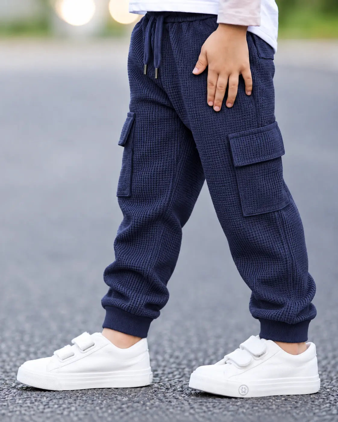 Kids Navy Blue Waffle Knit Cargo Jogger Trouser