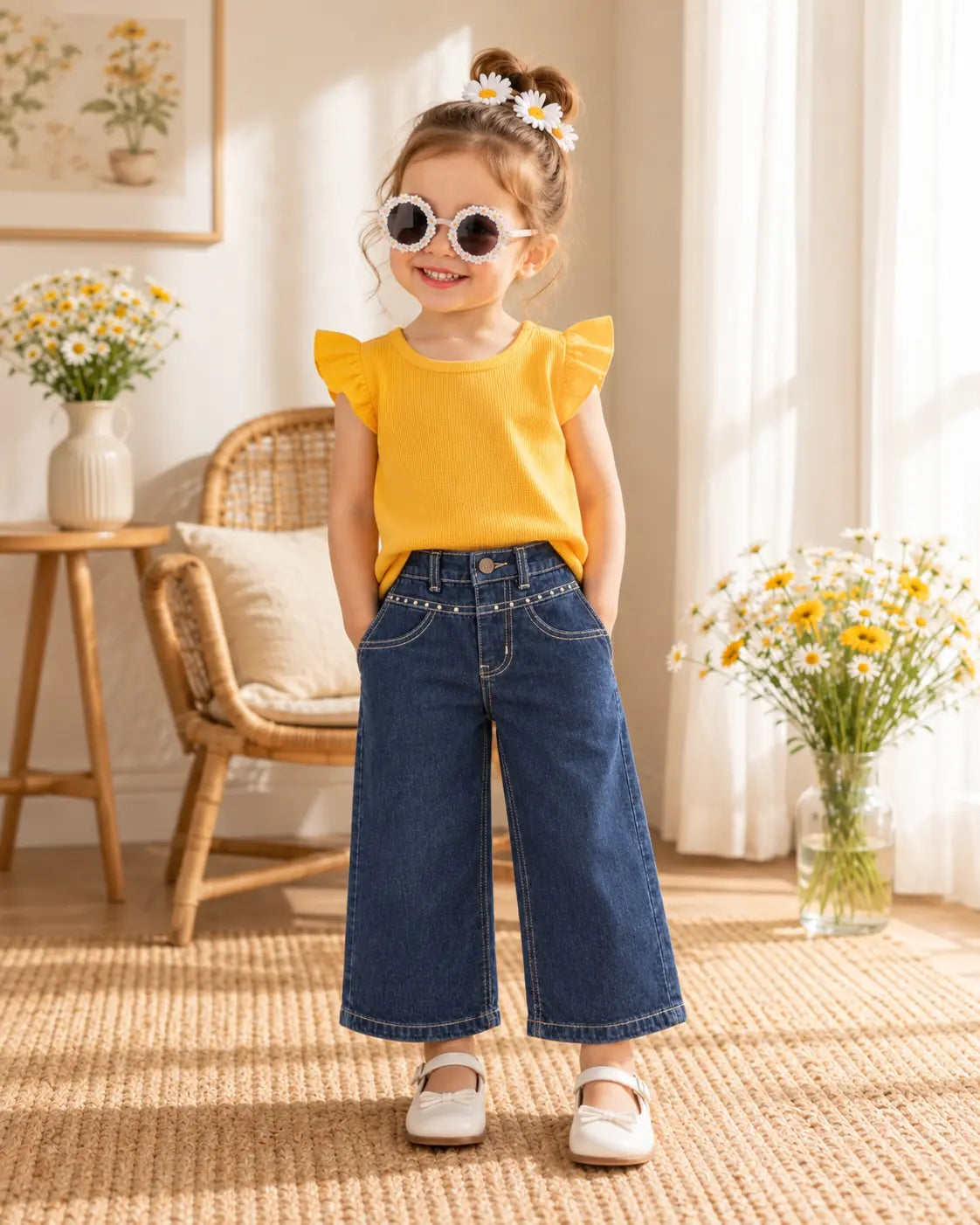Girls Dark Blue Bell Bottom Jeans Pant | Stylish Denim for Kids - DN-007