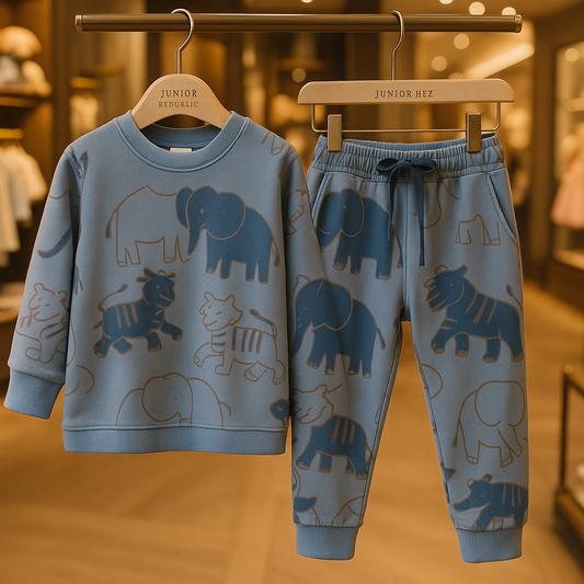 Junior Republic Kid's Safari Jungle Friends elephant all over Print Fleece Winter Suit