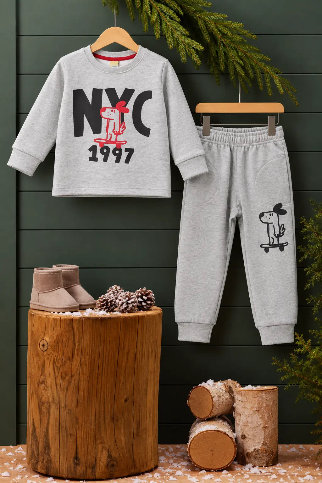 NYC 1997 Printed Fleece Twin Set for Winter – Grey Shirt & Trouser for Boys and Girls - FTW 001