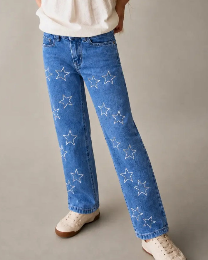 Branded Star Printed Denim Jeans Pant for Girls - DN-014