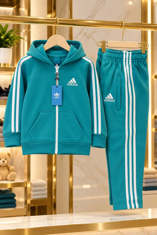 Kids Premium Teal Green Adidas Zipper Hoodie Fleece Tracksuit – 2 Piece Winter Set- FTS-021