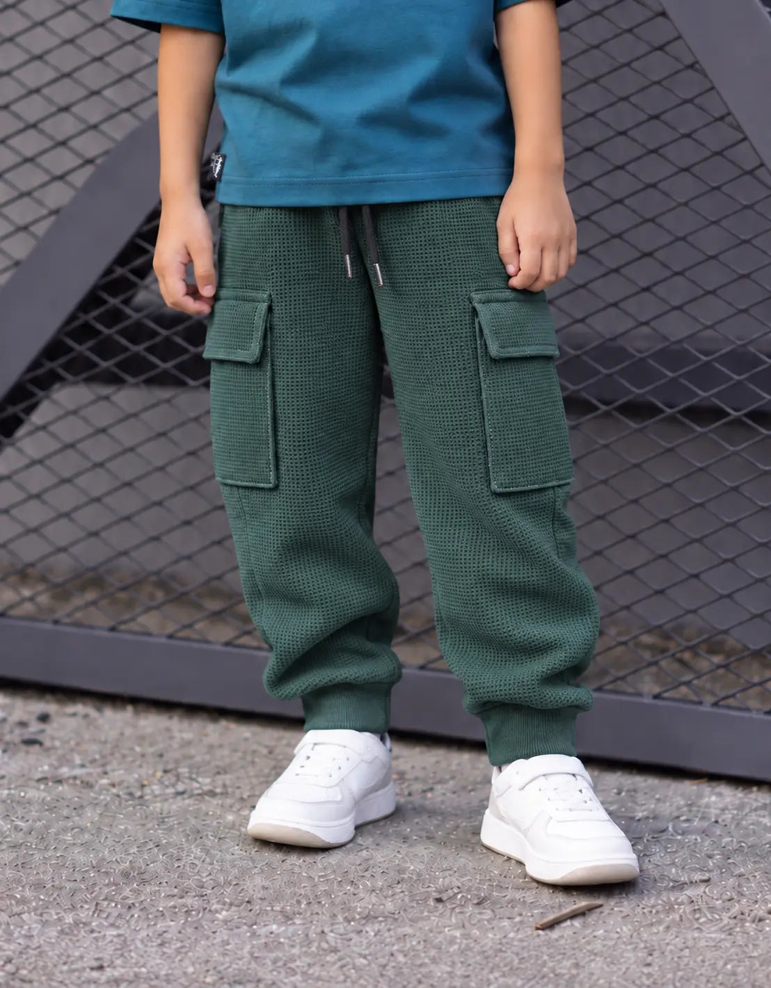 Kids Green Waffle Knit Cargo Jogger Trouser - JG-011