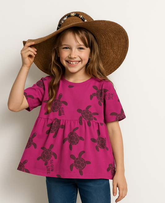 Junior Republic Girls Fuchsia "Slow Life" Turtle Print Frock - Rs. 399 SALE