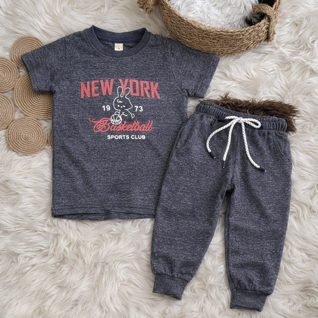 Junior Republic Kid's New York Printed Cotton Jersey Summer Trouser Shirt Suit