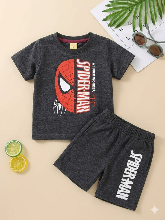 Junior      Republic Spiderman Printed Cotton Jersey T-Shirt & Shorts Set for Kids