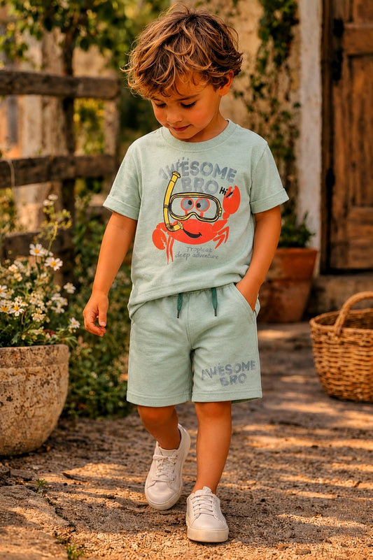 Junior Republic awesome bro Printed Cotton Jersey T-Shirt & Shorts Set for Kids