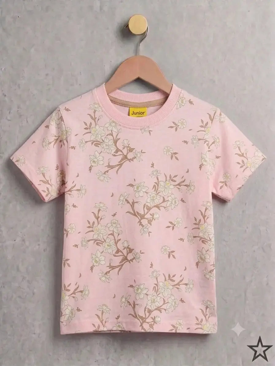 Junior Republic Kid's Soft Pink Floral Printed Tee Shirt