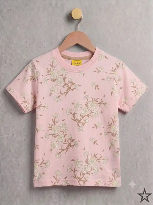 Junior Republic Kid's Soft Pink Floral Printed Tee Shirt