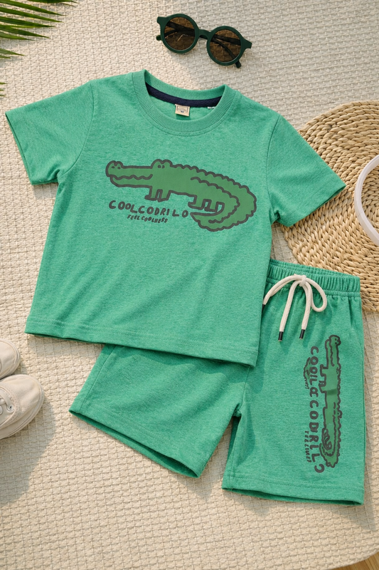 Junior       Republic Crocodile Printed Cotton Jersey T-Shirt & Shorts Set for Kids