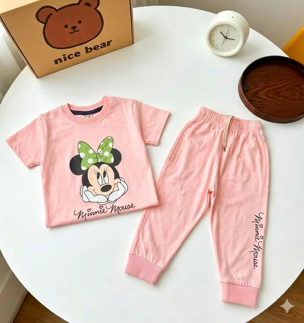 Junior Republic Kid's Minie Mouse Printed Cotton Jersey Summer Trouser Shirt Suit