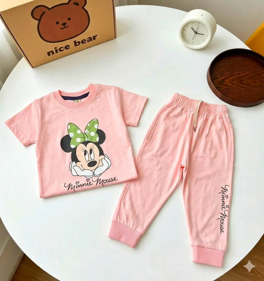 Junior Republic Kid's Minie Mouse Printed Cotton Jersey Summer Trouser Shirt Suit