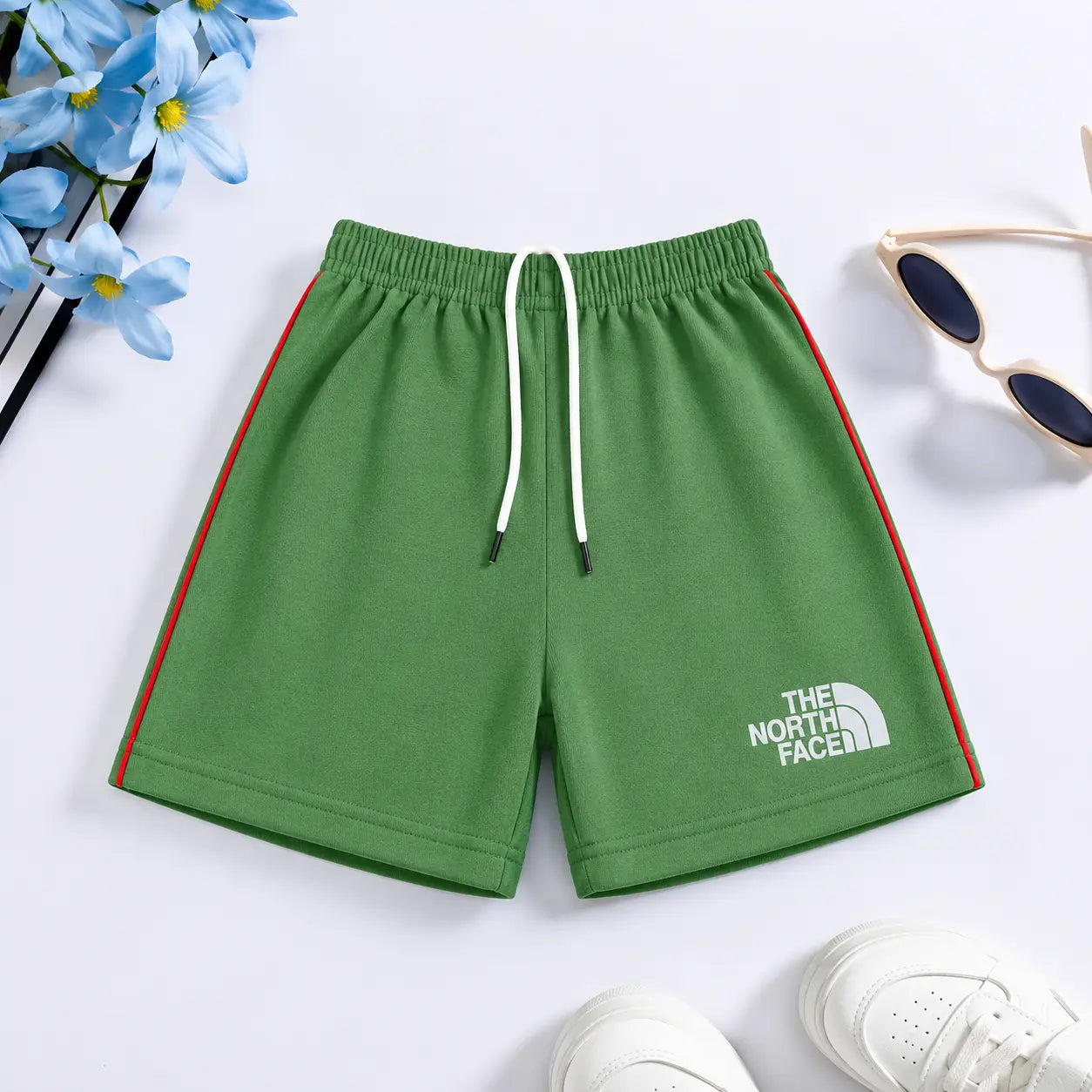Kids North Face Style Cotton Shorts with Red Side Stripe