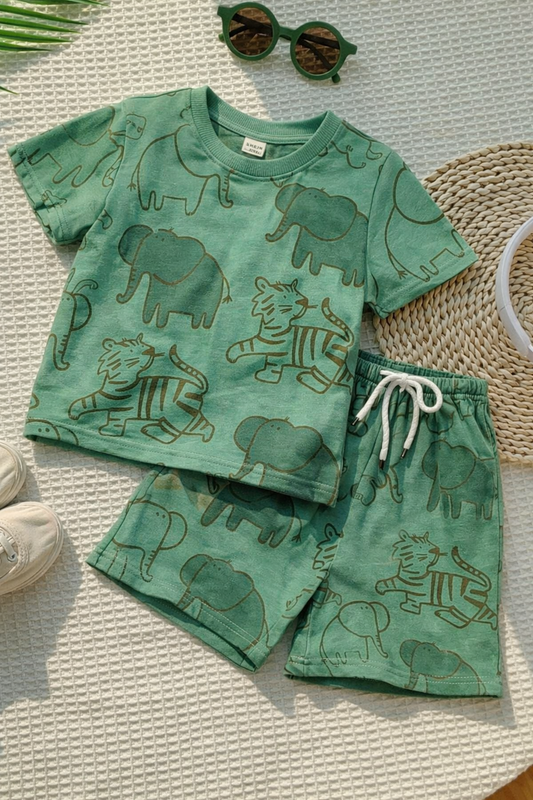 Junior Republic Safari all over Print Cotton Jersey T-Shirt & Shorts Set for Kids
