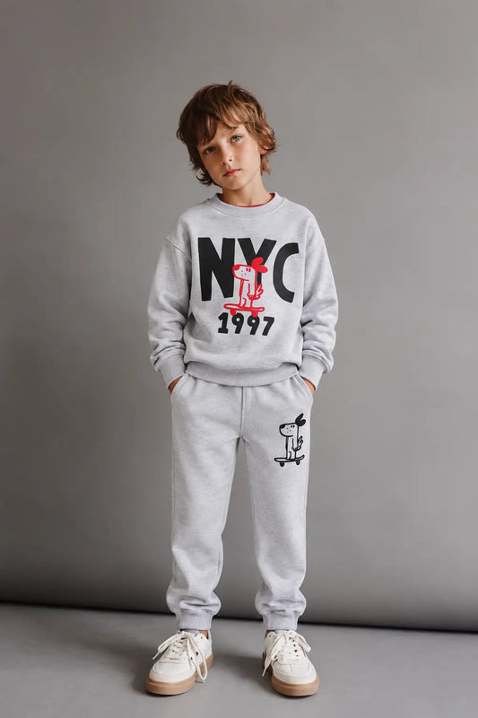 NYC 1997 Printed Fleece Twin Set for Winter – Grey Shirt & Trouser for Boys and Girls - FTW 001