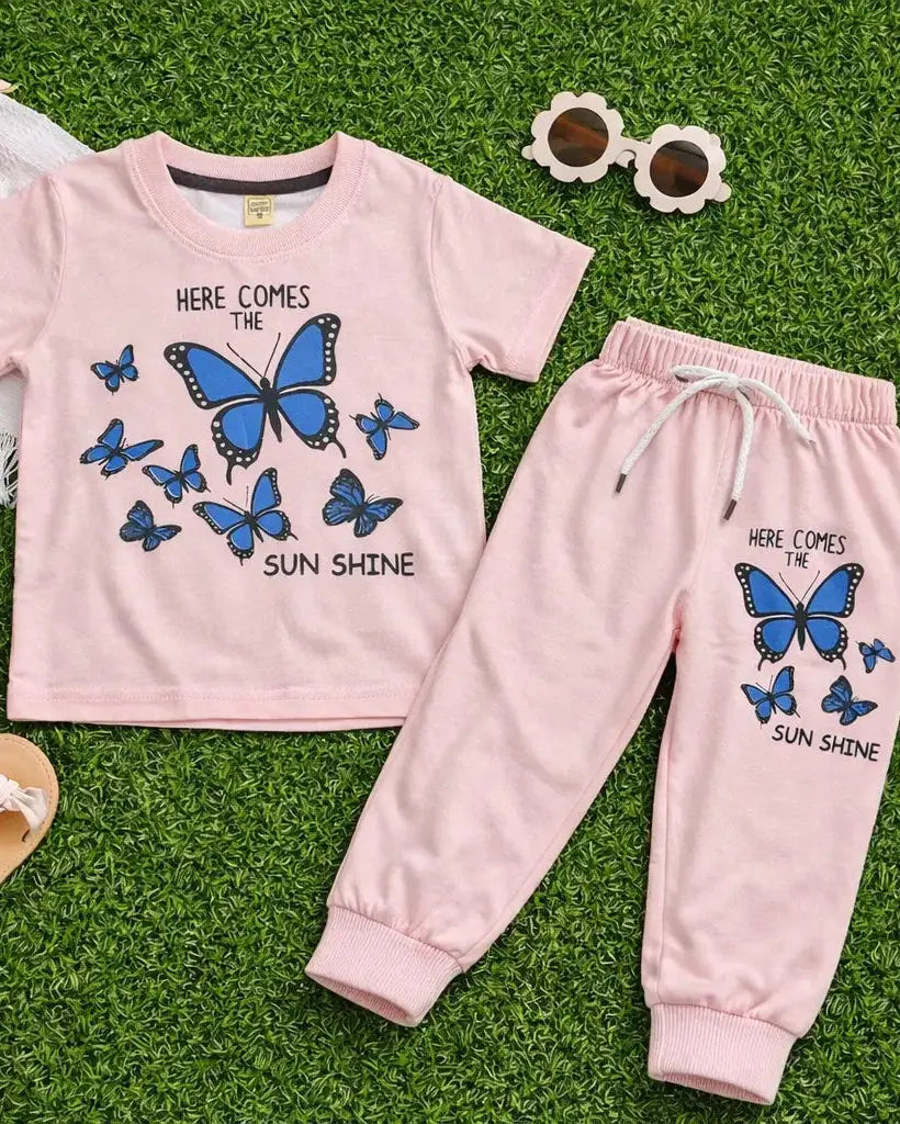 Kid's Sunshine Butterflies Printed Cotton Jersey Summer Trouser Shirt Suit