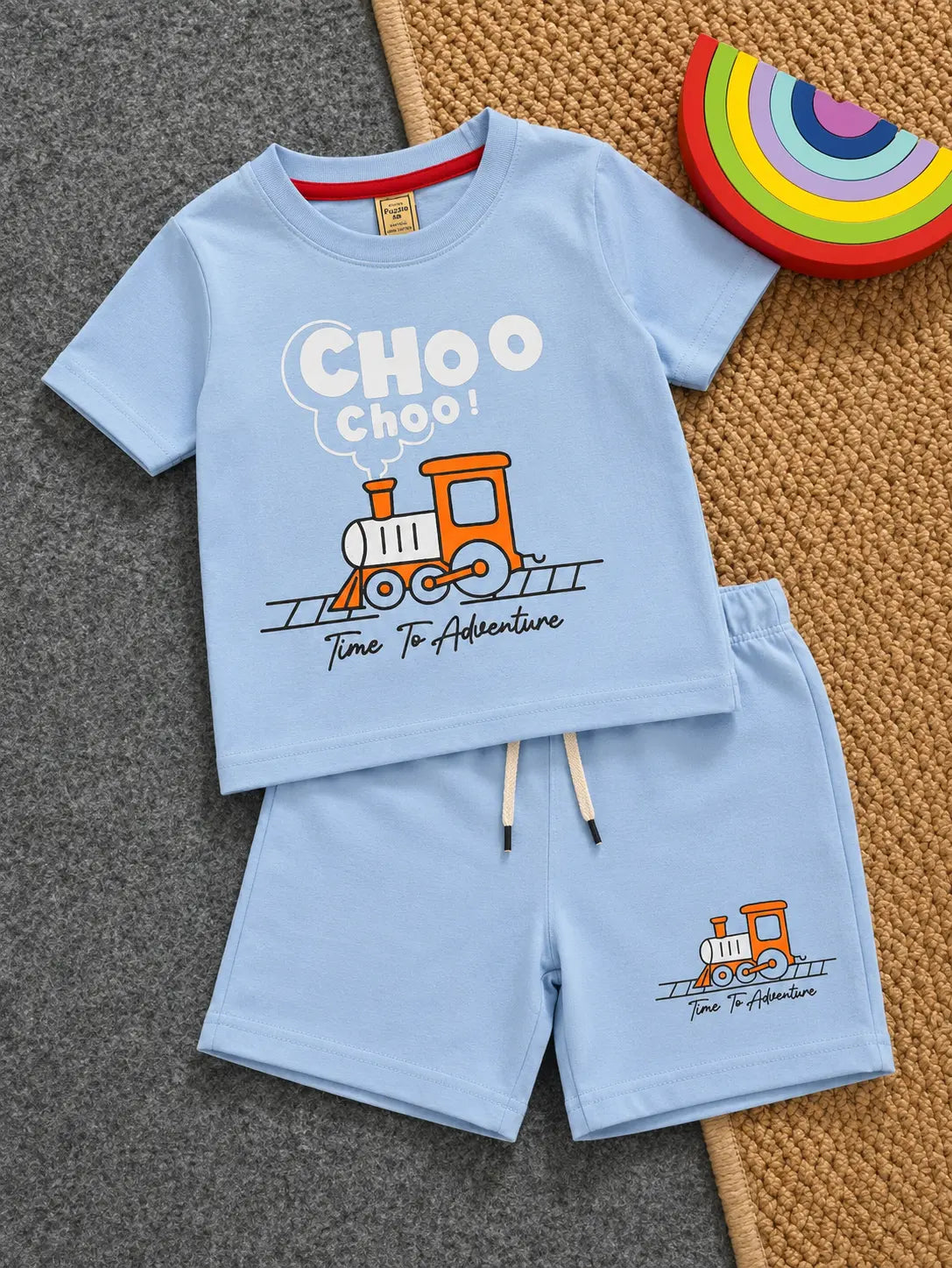 Junior Republic Choo Cho Train Printed Cotton Jersey T-Shirt & Shorts Set for Kids