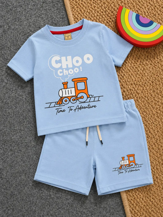 Junior Republic Choo Cho Train Printed Cotton Jersey T-Shirt & Shorts Set for Kids