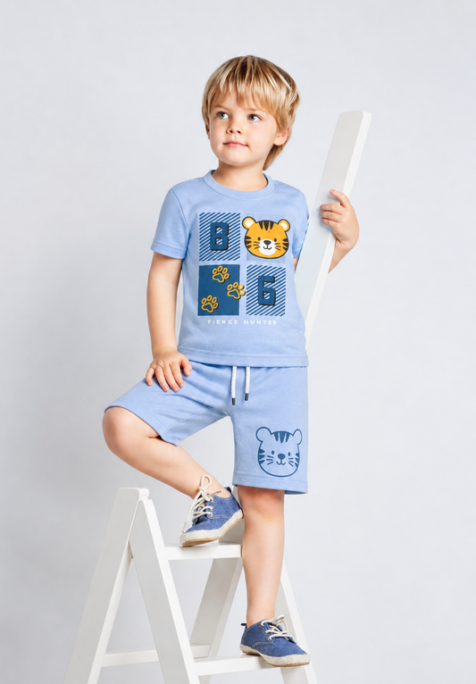 Junior  Republic Playful Tiger Printed Cotton Jersey T-Shirt & Shorts Set for Kids