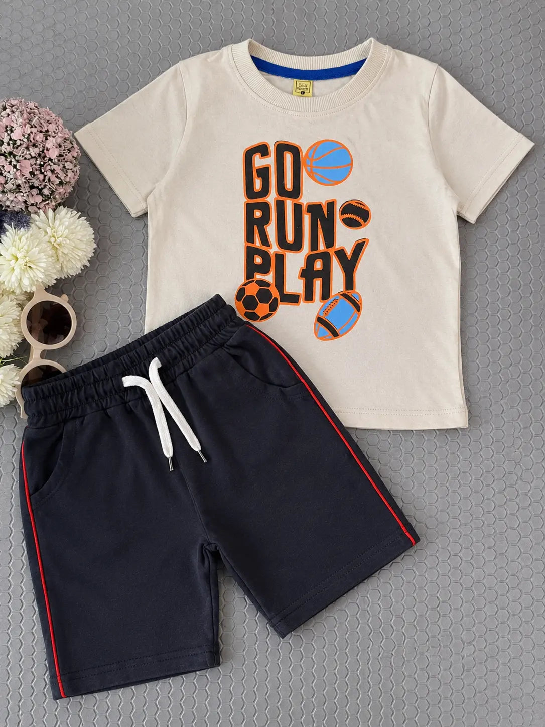 Junior Republic Go Run Play Printed Cotton Jersey T-Shirt & Shorts Set for Kids