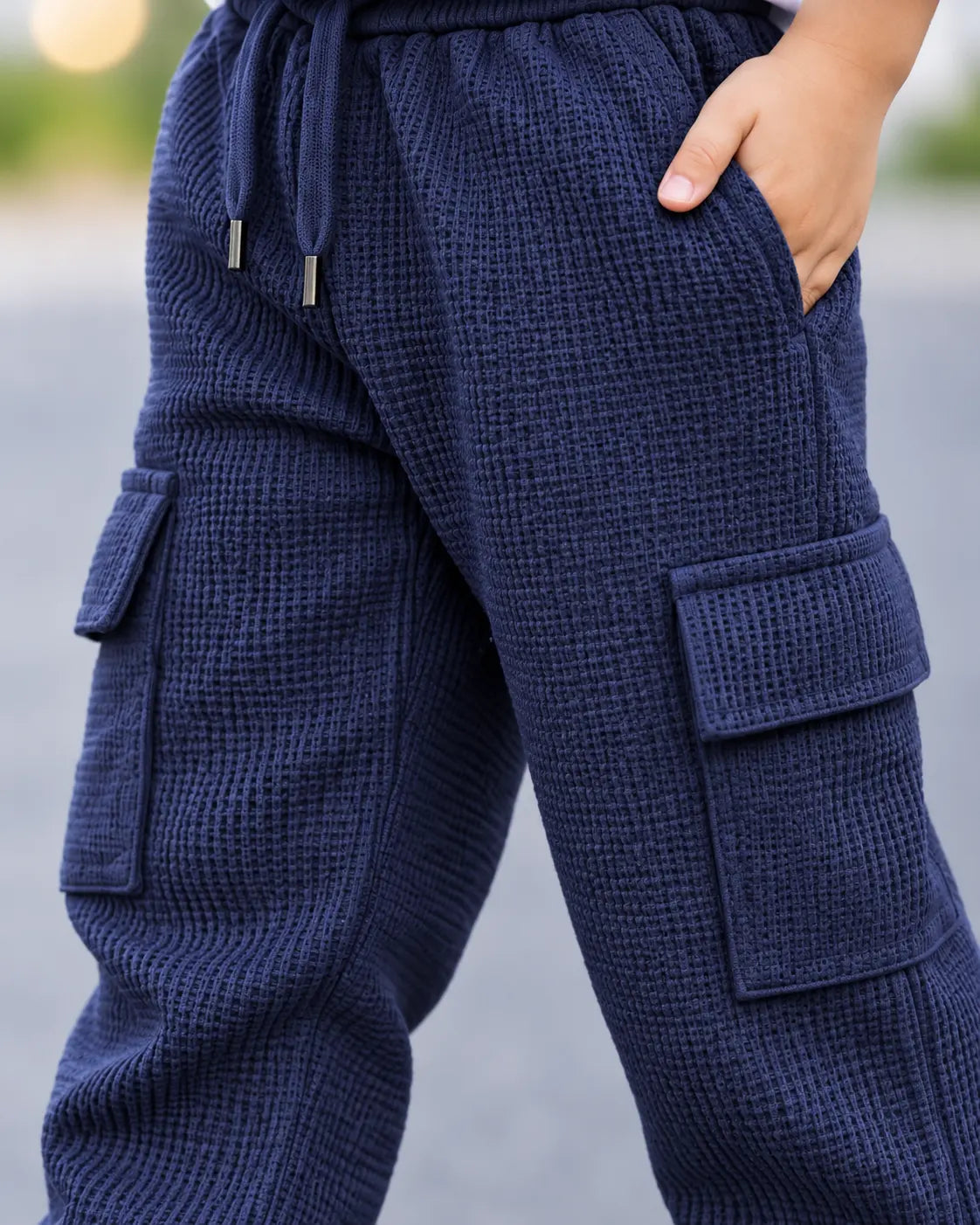 Kids Navy Blue Waffle Knit Cargo Jogger Trouser