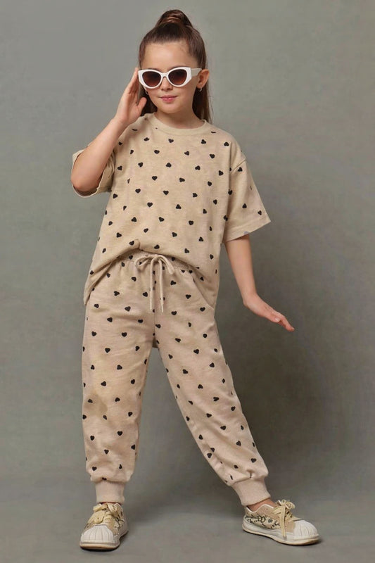 Junior Republic Kid's Hearts Printed Cotton Jersey Summer Trouser Shirt Suit