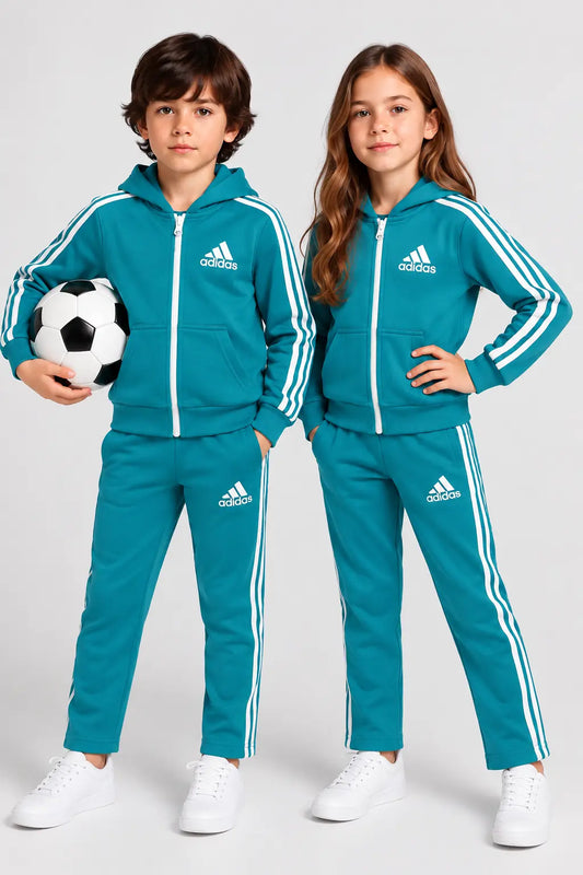 Kids Premium Teal Green Adidas Zipper Hoodie Fleece Tracksuit – 2 Piece Winter Set- FTS-021