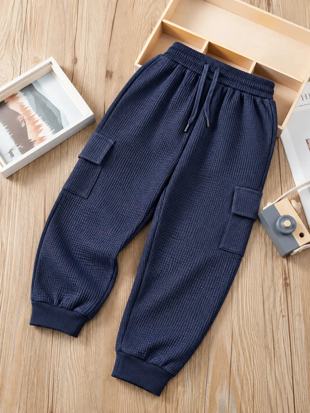 Kids Navy Blue Waffle Knit Cargo Jogger Trouser