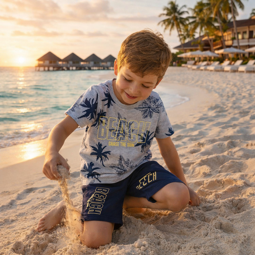 Junior Republic Beach Printed Cotton Jersey T-Shirt & Shorts Set for Kids