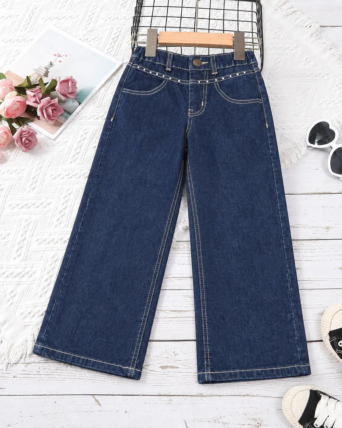 Girls Dark Blue Bell Bottom Jeans Pant | Stylish Denim for Kids - DN-007
