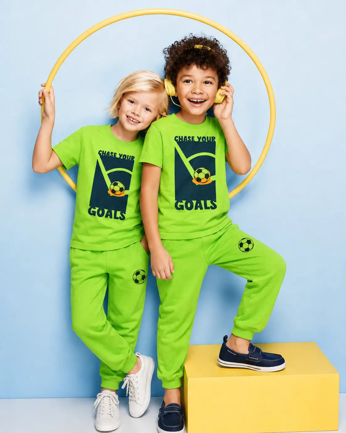 Junior Republic Kid's Chase your goals Printed Cotton Jersey Summer Trouser Shirt Suit