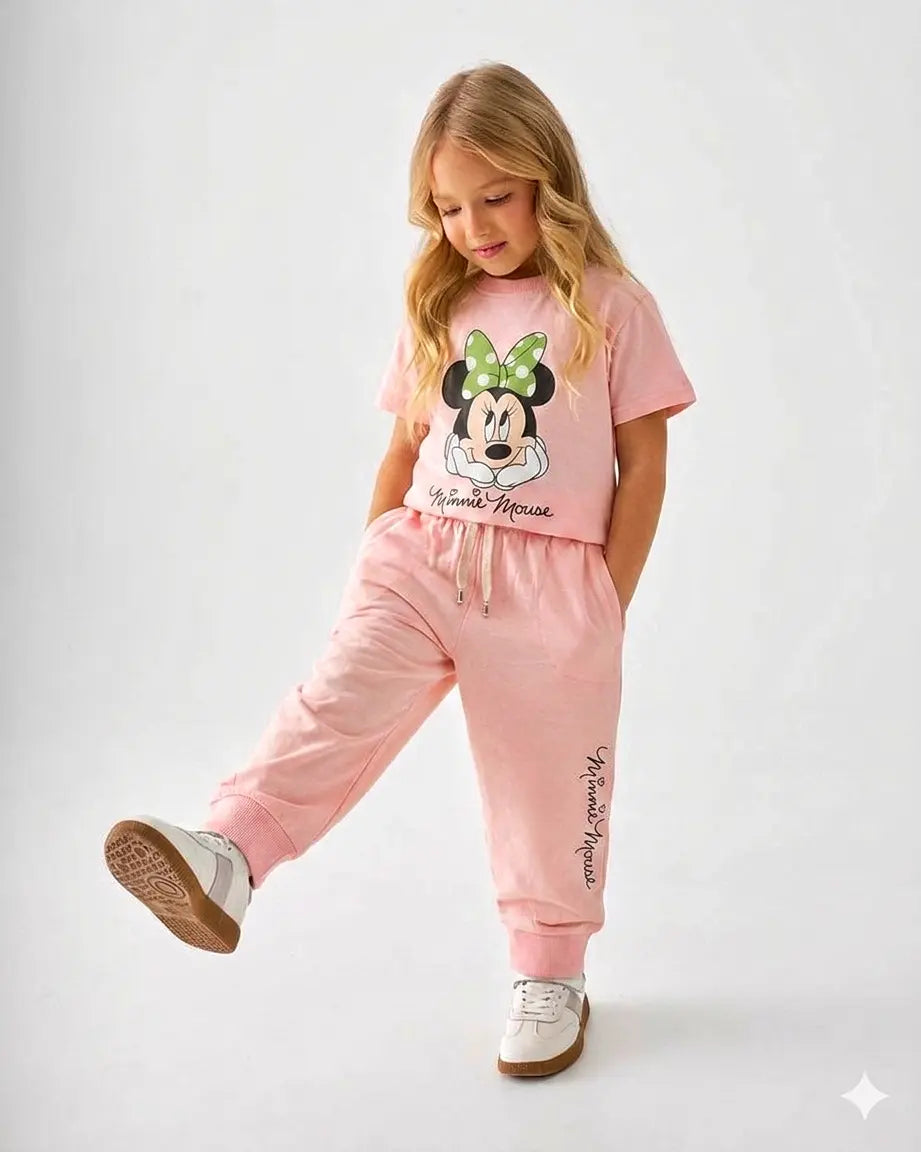 Junior Republic Kid's Minie Mouse Printed Cotton Jersey Summer Trouser Shirt Suit