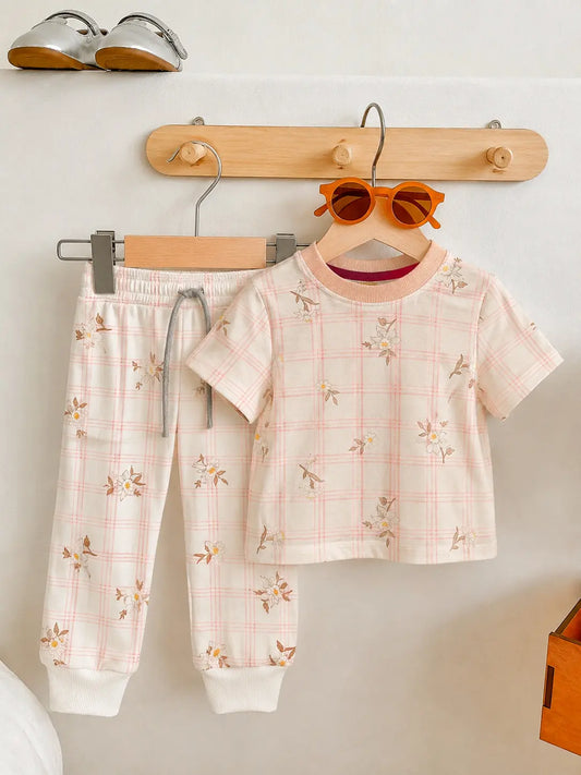 Junior Republic Kid's Floral Print Cotton Jersey Summer Trouser Shirt Suit