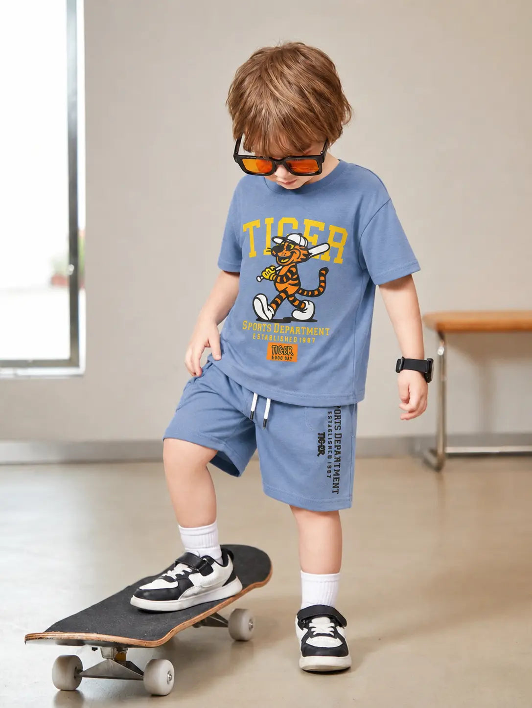 Junior Republic Tiger Printed Cotton Jersey T-Shirt & Shorts Set for Kids