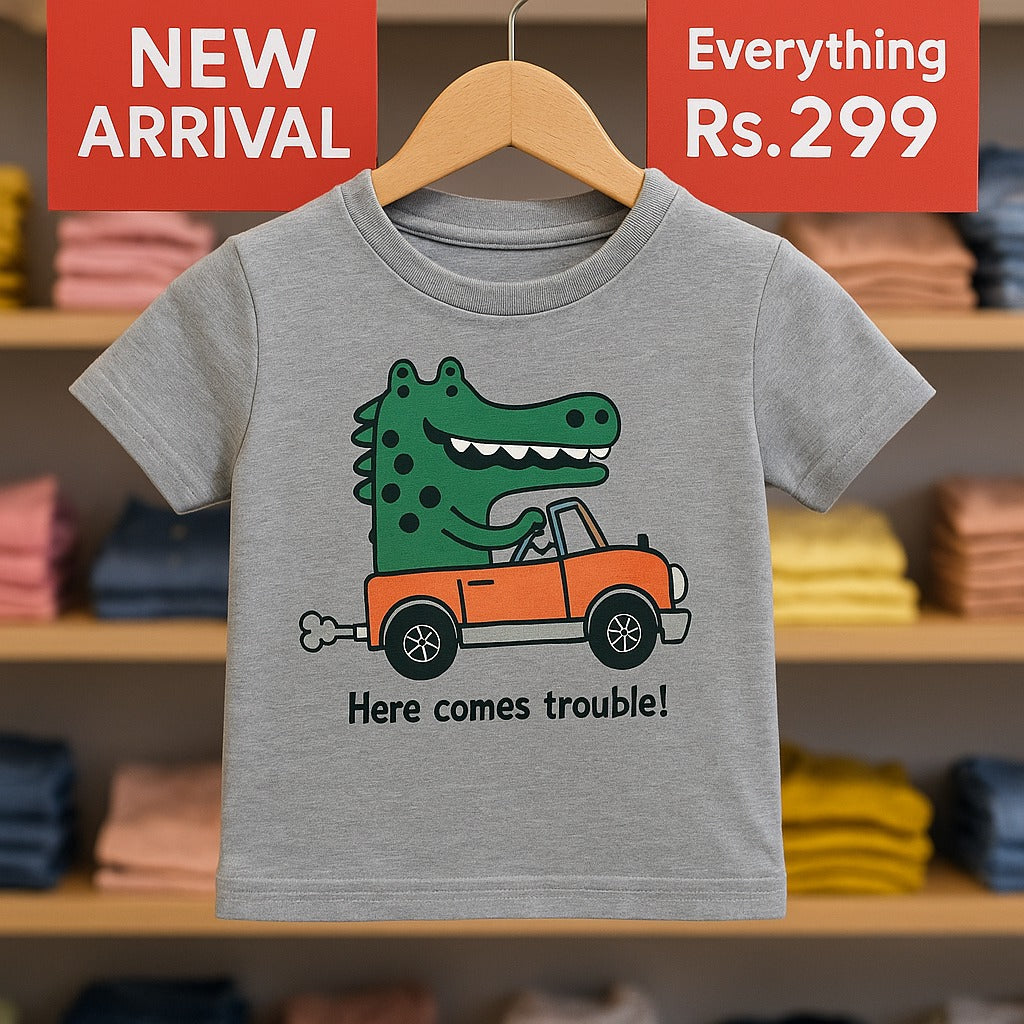 Junior Republic Kid's Here Comes Trouble! Printed Crew Neck Tee Shirt - Rs. 299 SALE