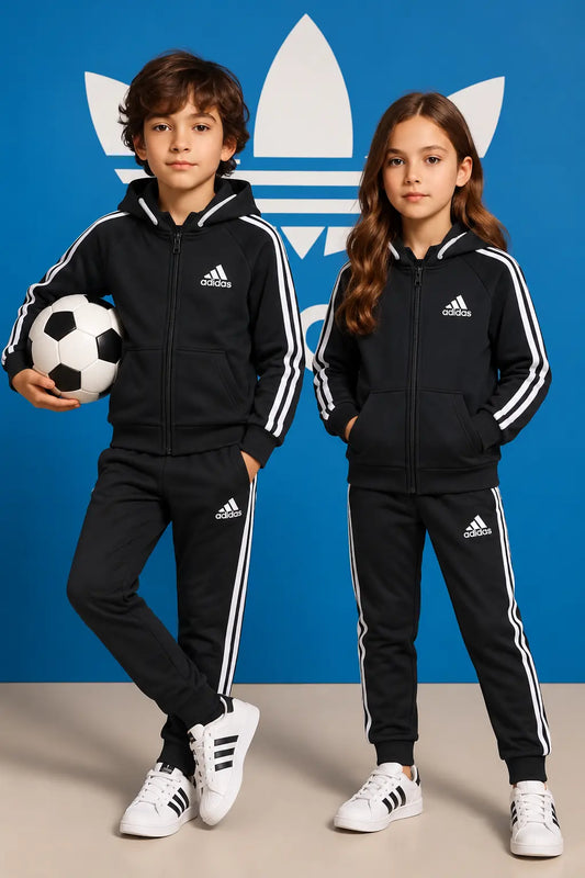 Kids Premium Black Adidas Zipper Hoodie Fleece Tracksuit – 2 Piece Winter Set- FTS-023
