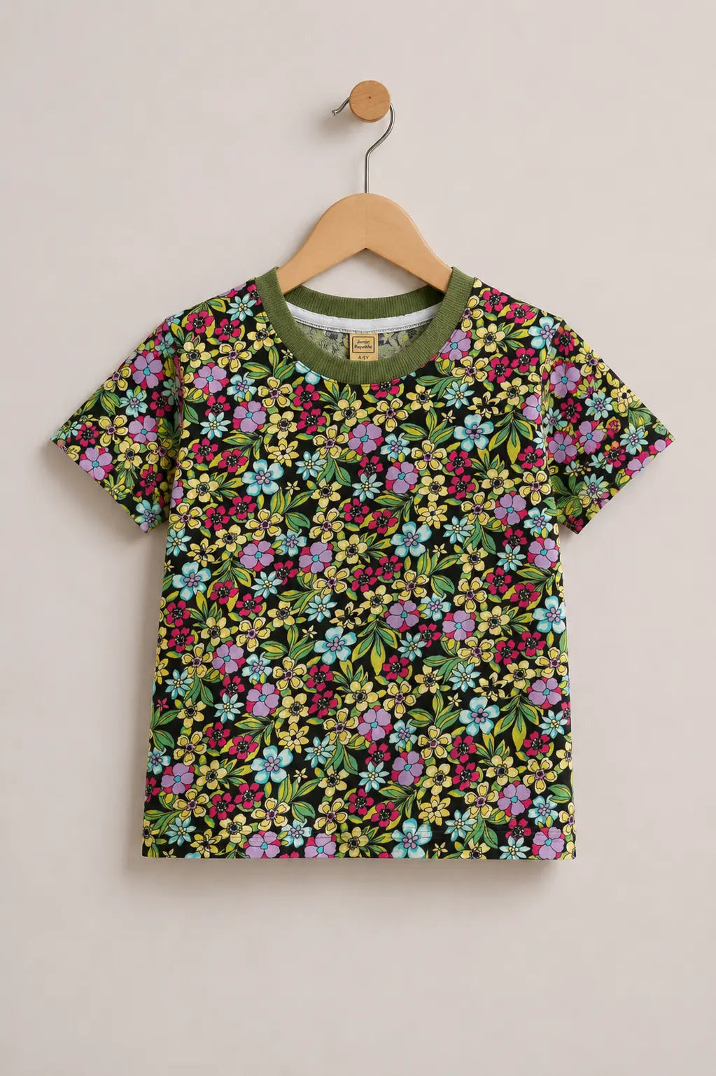 Junior Republic Kid's All over Green Floral Print Tee Shirt
