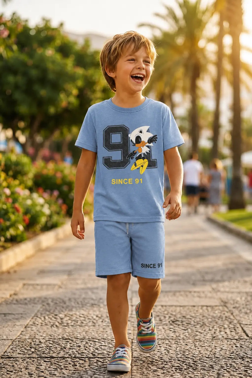Junior Republic Sonic Printed Cotton Jersey T-Shirt & Shorts Set for Kids