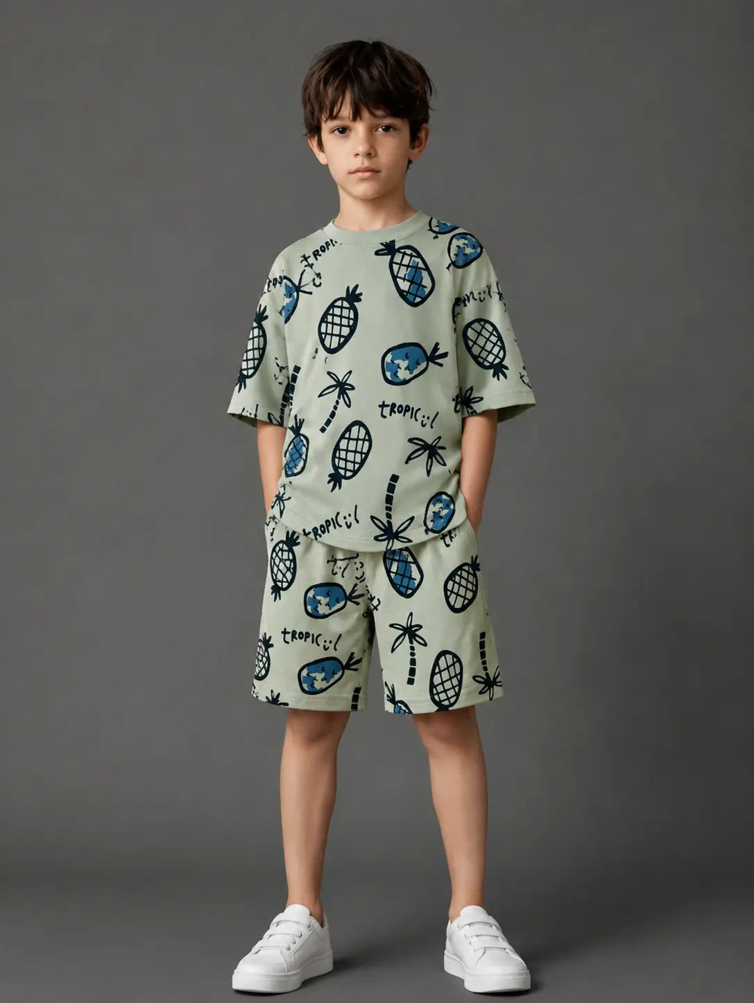 Junior Republic Tropical Vibes Pineapple Printed Cotton Jersey T-Shirt & Shorts Set for Kids