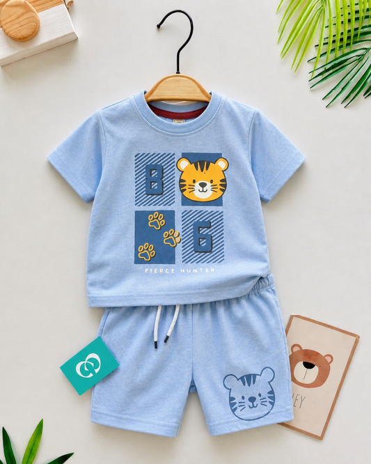 Junior  Republic Playful Tiger Printed Cotton Jersey T-Shirt & Shorts Set for Kids